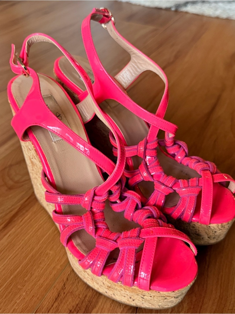 Valentino Garavani Hot Pink Patent Cork Wedge Sandals 38